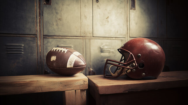 A vintage-style American football helmet sits alongside a scuffed leather football on a wooden bench inside a classic, rustic locker room setting, capturing the true heritage and tradition