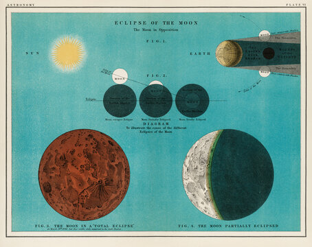 An astronomy lithograph the Eclipse of the Moon, an antique celestial chart of phases of the moon in the solar system. Vintage poster