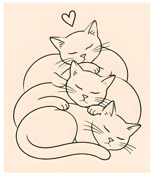 ute Three Cats Sleeping Stack Line Art Vector Illustration