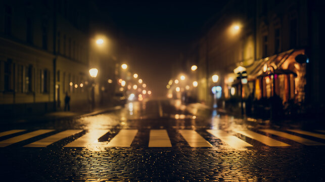 Empty city street with pedestrian crossing at night in rain, reflecting golden bokeh street lights on wet asphalt, creating a moody, cinematic, and calm urban atmosphere.