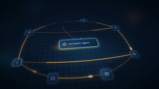 AI Customer Service Callback Animation, Seamless Loop, Digital Agent Interface, Modern Technology Background, Blue and Orange Color Scheme, Abstract Grid Visualization, Futuristic Communication Design