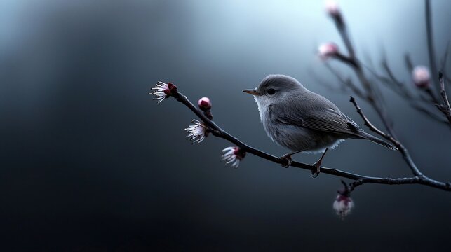 Small grey bird perched on a flowering branch.