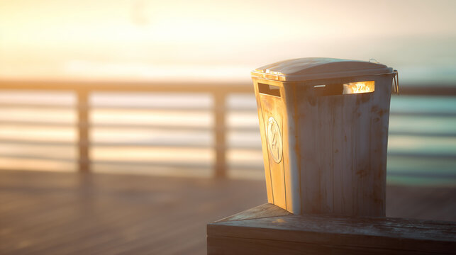 Old, worn waste container on a seaside boardwalk during beautiful sunset, showing textures of wood and metal against a blurred, serene, warm ocean background scenery.