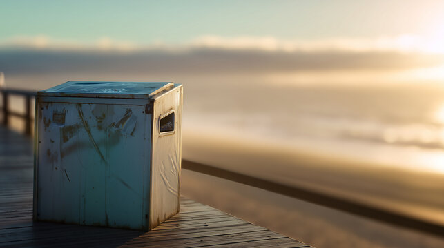 A simple, weathered waste box placed on a wooden dock overlooking a serene, hazy ocean sunset, evoking feelings of quiet contemplation and coastal isolation today.