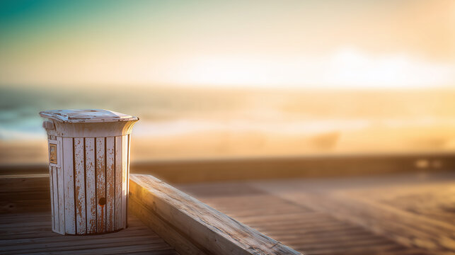 Rustic, white-painted wooden trash bin sitting on a pier during golden hour, with a blurred sunset ocean horizon, highlighting a calm, seaside aesthetic and mood.