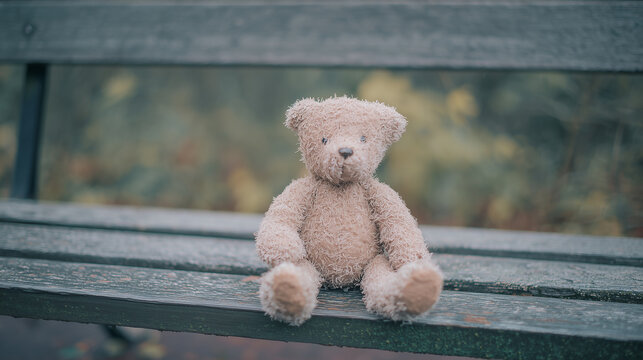 A cute, solitary teddy bear sitting on a rustic bench, capturing a sense of gentle innocence, solitude, and quiet contemplation amidst a soft, blurred nature backdrop.