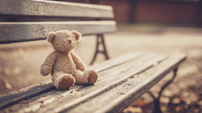 A solitary teddy bear resting on a worn-out park bench, evoking feelings of nostalgia, childhood longing, and the bittersweet passage of time in a serene outdoor environment.