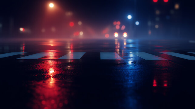 A wet crosswalk at night with vibrant red and blue neon light reflections on the asphalt, creating a dramatic, cinematic, and moody urban atmosphere in the rainy city.