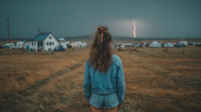 Woman standing in a field looking at a lightning