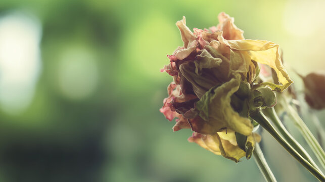 A close-up of a withered rose, symbolizing fading beauty and time, set against a soft, blurred green background that creates a contemplative and melancholic mood.
