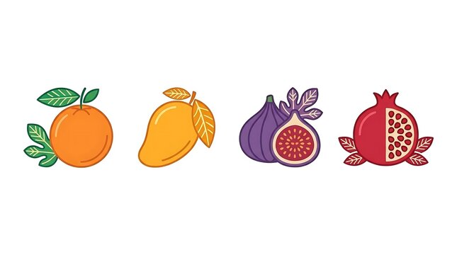 Orange mango fig and pomegranate fruit icons.