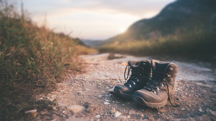 Naklejka premium A pair of sturdy hiking boots left on a rough mountain path at sunset, representing travel, adventure, exploration, outdoor activities, freedom, and the journey of a long hike.