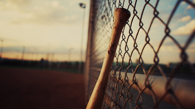 A vintage wooden baseball bat resting against a wire fence, reflecting a sense of nostalgia, tradition, dedication, and the classic atmosphere of local baseball fields at twilight.
