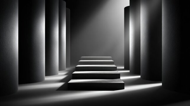 A black and white of a stairway leading to a light
