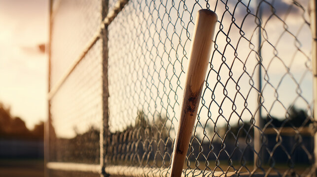 A worn wooden baseball bat leaning against a chain-link fence on a baseball diamond, highlighting themes of hard work, practice, perseverance, and the spirit of the American game.