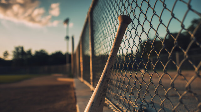 A wooden baseball bat leaning against a fence at a baseball park during golden hour, emphasizing themes of preparation, youth sports, active lifestyle, and love for the game.