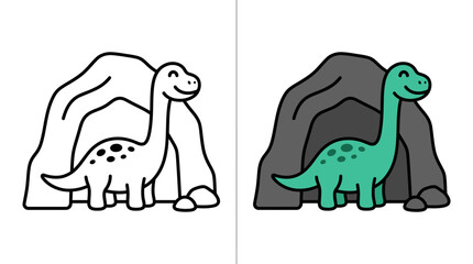 Dinosaur in cave vector set in line and color. © Pwqer