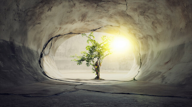 A lone green tree growing inside a dark, curved concrete tunnel, illuminated by bright sunlight, representing hope, new beginnings, resilience, and finding the path forward in life.