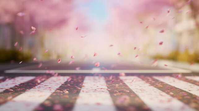 Scenic view of a pedestrian crossing on an empty road with falling pink cherry blossom petals in the spring breeze, capturing a romantic and dreamy outdoor moment.