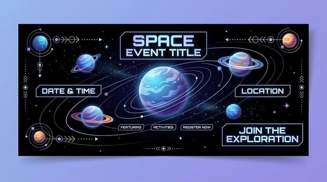 Space exploration event banner with cosmic elements.