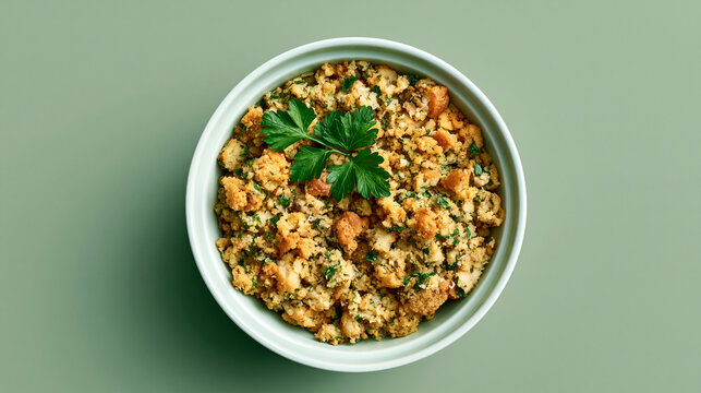 Top down minimal flatlay of traditional Thanksgiving stuffing bowl garnished with parsley on sage green background
