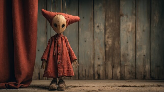 Wooden doll wooden marionette puppet with a red hat and a red coat