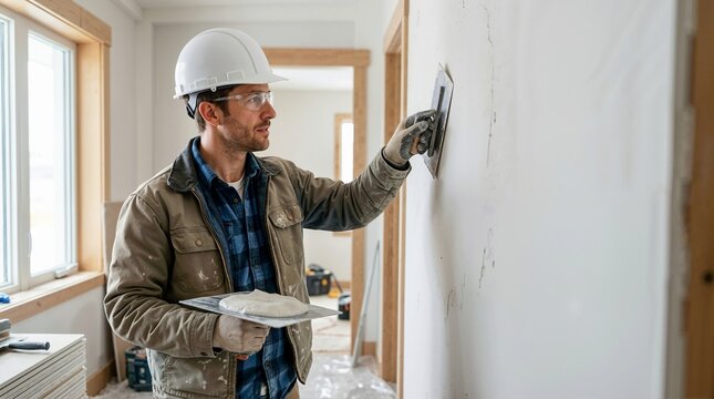 Builder plastering an interior wall. Construction worker in hard hat using a trowel and hawk for drywall repair and renovation