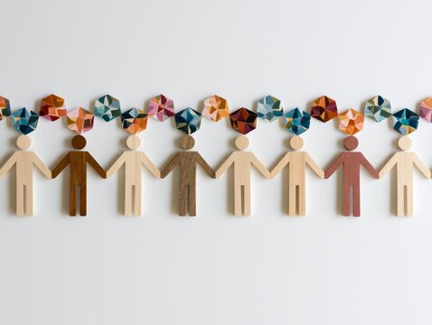 Vibrant Watercolor Mosaic Depicting Workplace Dynamics with Colorful Wooden Figures Holding Hands in Unity