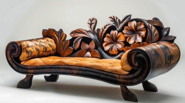 Intricately carved wooden chaise lounge with floral motifs.