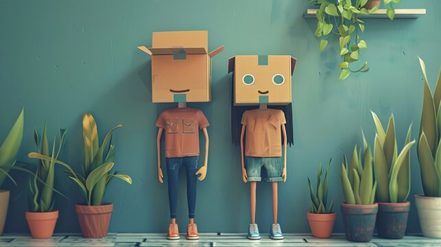 Cartoon couple with boxes on heads.