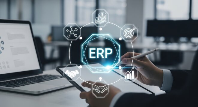 Business professional using enterprise resource planning system on tablet