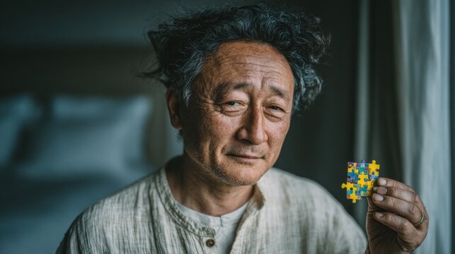 Man holding a puzzle piece in his hand