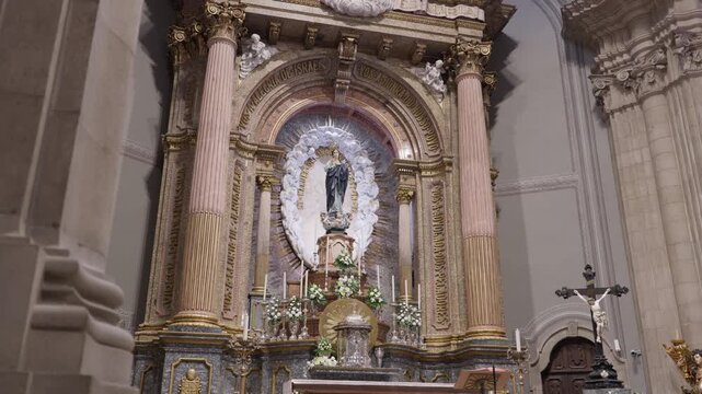 Gilded High Altar With Crowned Virgin Mary Statue And Flowers At Sameiro Braga