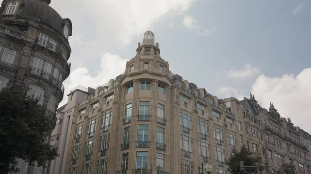 Ornate Granite Apartment Facades And Corner Turret On Aliados Boulevard In Porto