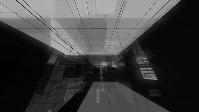 A dynamic lateral camera pan through an abstract, grayscale wireframe architectural corridor showing blueprint structural lines.