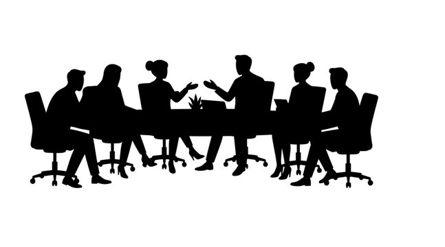 Business meeting with people sitting around a conference table discussing ideas isolated on transparent background, Vector