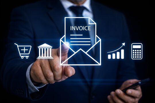 Businessman interact with digital invoice icons on virtual screen. Managing online invoices, electronic tax, e-invoice, and digital receipt statements concept
