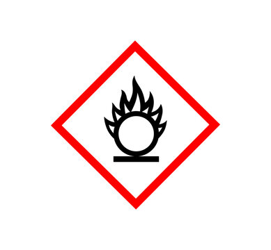 Oxidizer hazard pictogram with GHS flame over circle symbol. Oxidizing agent warning sign label for chemical safety, hazardous materials, industrial handling and OSHA compliance