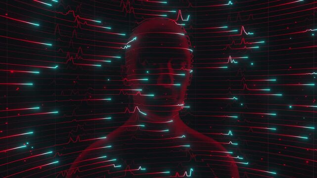 medicine loop of abstract human bust formed by glowing horizontal scan lines and wave data signals. Digital futuristic artificial intelligence model surrounded by curved network grid and particles.