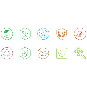 Set of ten colorful line art icons representing sustainability and business ethics on white background