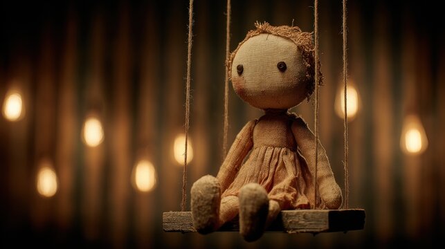 Small doll wooden marionette puppetthat is sitting on a swing