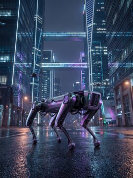 Futuristic quadruped robot dog standing on a wet city street at night with flying drones and neon skyscrapers