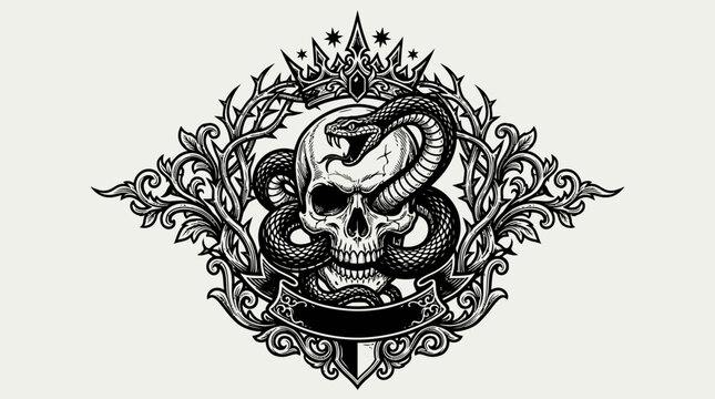 Vintage skull with snake and floral ornament illustration