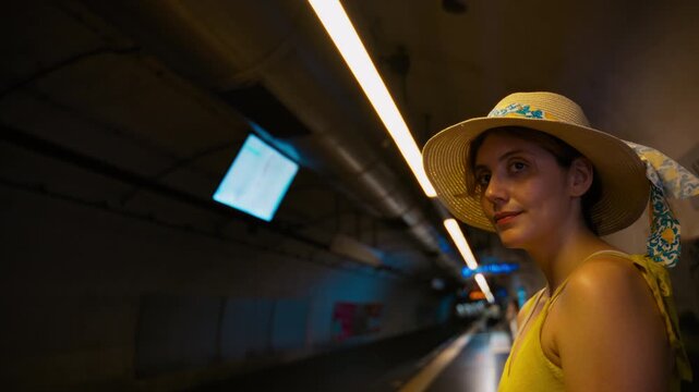 A female tourist waits for the subway to arrive in Naples