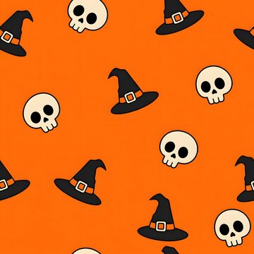 Pointed headwear and human craniums tiled layout upon solid orange