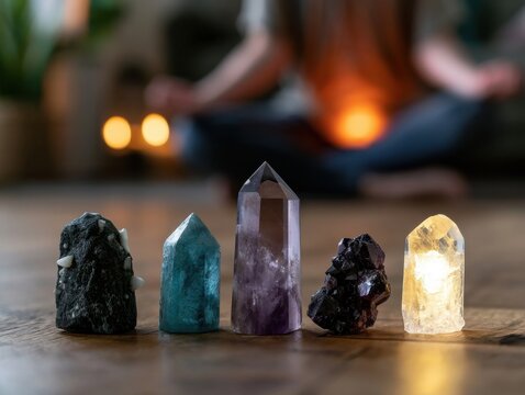 Five polished healing crystals on a wooden floor during a meditation session