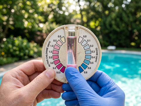Gloved hands checking pool water quality with circular color disc tester