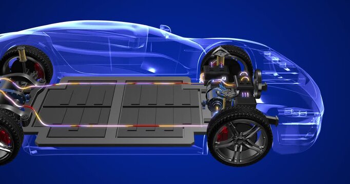 Concept electric car wireframe showcasing internal battery pack and dual electric motors. EV Cars Technology Related 4K 3D Animation.