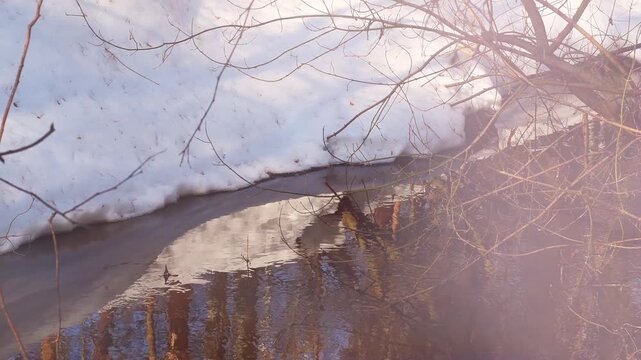 A river of melted snow in spring. The water is brownish due to iron contamination. A tranquil scene evoking quiet solitude and natural beauty.