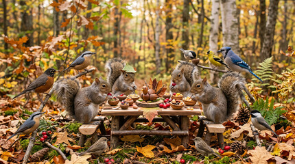 Naklejka premium Autumn forest scene with squirrels and birds gathered around a miniature table laden with food, symbolizing nature's bounty and seasonal gatherings.